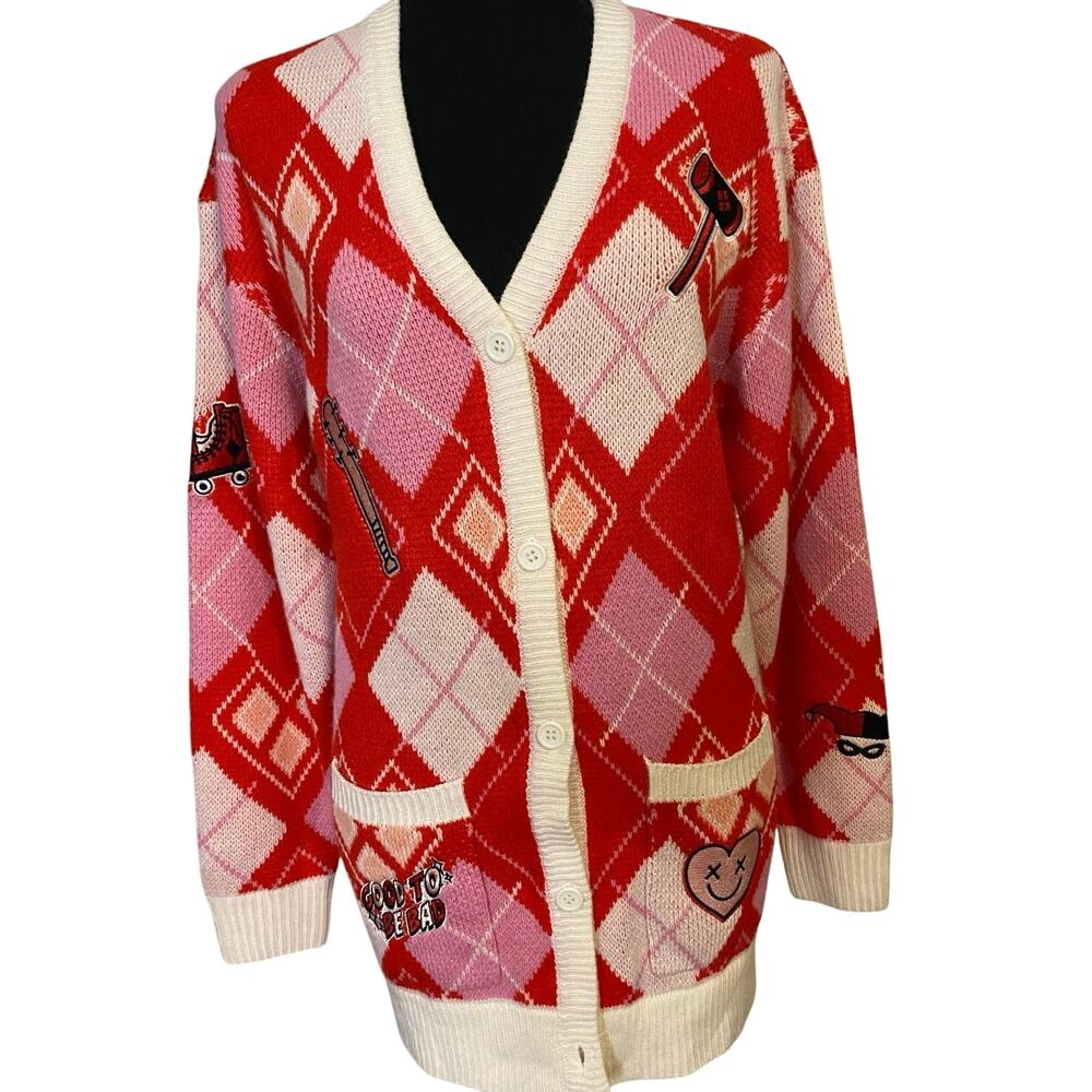 DC Comics‎ Harley Quinn Diamond Argyle Red Pink White Cardigan Size SM